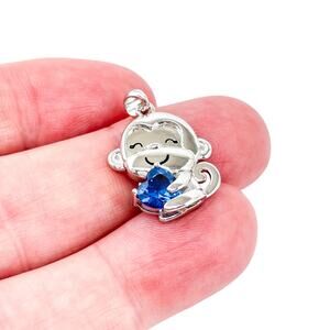 Vintage Sterling Silver 925 Blue Spinel Heart Happy Monkey Pendant